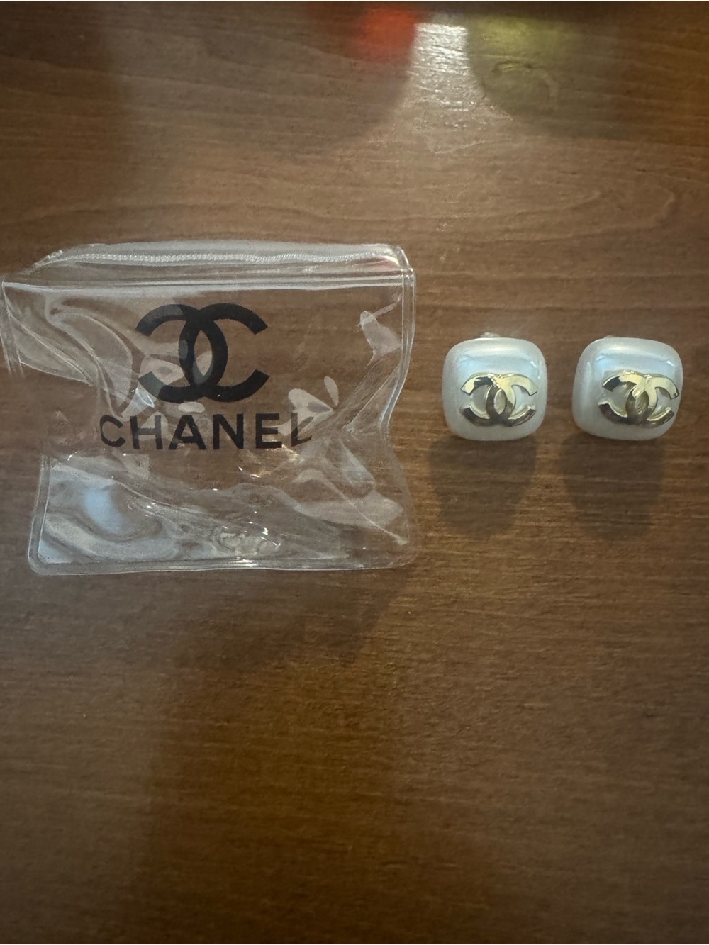 Chanel White Pearl CC Earrings with Gold Logo